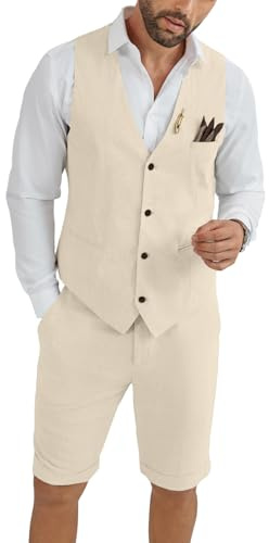 Mens Linen Suit 2 Piece Short Suits for Men Summer Wedding Beach Outfit, Champagne, 4XL