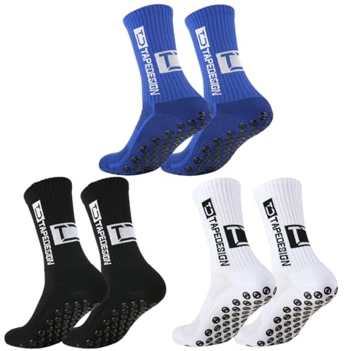 JAWUZ 3 Paia Calze Calza Antiscivolo Uomo, 39-46 Misurare Grip Calcio, Anti Vesciche Addensare Cotone, Calzini Per Ciclismo Trekking(Bianco/Nero/Blu)