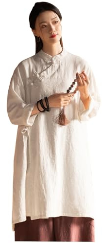 CHUIKUAJ Damenhemd aus Baumwolle und Leinen, Langärmeliges Gewand im Chinesischen Stil mit Handgefertigten Knöpfen und Schnürsenkeln, Retro-Zen-Kleidung für Frauen (White, Onesize)