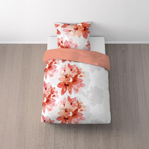 Sleezzz Elegante set di biancheria da letto in flanella, 65% cotone, motivo floreale corallo, 135 x 200 cm, con cuscino 80 x 80 cm, chiusura lampo, traspirante, adatto per chi soffre di allergie