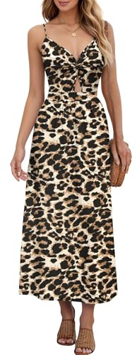 AUSELILY Summer Dress V Neck Maxi Dresses Spaghetti Strap Twist-Front Keyhole Cutout A-line Wrap Dress with Pockets Spotted Leopard XL