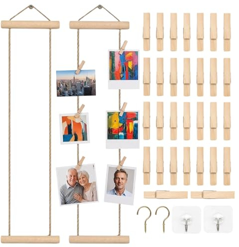GYTFOG 2 PCS Hanging Photo Display Board, Wooden Photo String with 30 Clips and 2 Hook Wall Card Hanger, DIY Home Decoration Wall Display Suitable for Home Decoration, Measuring 100 by 14 Cm