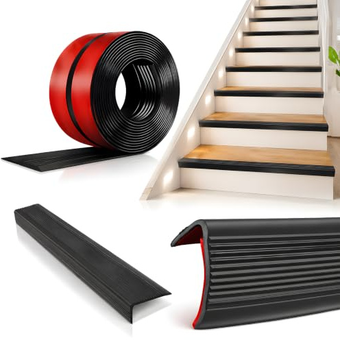 Perfil de borde de escalera autoadhesivo, 12 m, goma resistente, antideslizante, protección para peldaños, resistente a la intemperie, resistente al agua, fuerte adherencia, fácil montaje, color negro