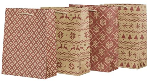 100% Mosel Geschenktüten Weihnachten, in Natur/Rot, 12 Stück (18 x 23 x 8 cm), Weihnachtstaschen aus Kraftpapier, Geschenkverpackung im Skandilook