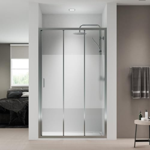 Mampara de Ducha FRONTAL Corredera 3 Hojas Monza– 1 Fijo y 2 Puertas Correderas Serigrafía – Altura 1,90 Metros y Cristal Templado 5mm Espesor 120 cm (Adaptable de 116 a 120cm)