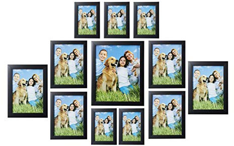 Relaxdays Bilderrahmen 12er Set, enthält versch. Größen: 15x10, 18x13, 20x15, 25x20 cm, Foto Collage für Wand, schwarz