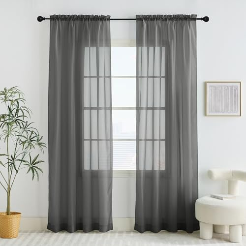 PONY DANCE Dark Grey Net Curtains for Windows 60x84 inches - Slot Top Semi Transparent Grey Voile Curtains Privacy Protect Sheer Panels for Bedroom/Living Room, Set of 2