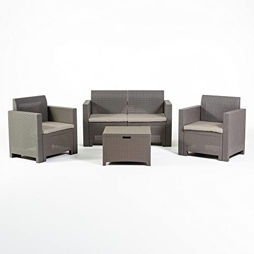 RATTATAN Salina - Lounge-Set, 4- teiliges Lounge-Set, 2 Armsessel, 2-Sitzer-Sofa, Multifunktionstisch (Braungrau)