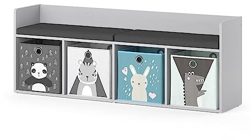 Vicco Kindersitzbank Weiß Luigi 4 Fächer, mit Faltboxen grau - 107x89x31 cm gefertigt aus Spanplatte - Spielzeugschrank ideal fürs Kinderzimmer, für eine einfache und Funktionelle Lagerung