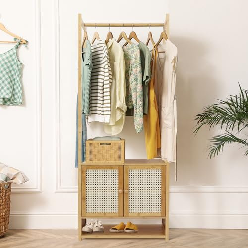 unho Bamboo Clothes Rack Storage: Open Wardrobe with Cabinet Clothing Hanging Rail Coat Stands Free Standing Garment Rack for Bedroom Living Room Hallway 52x31.5x168cm