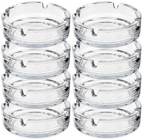 HOMESHOPA Round Glass Ashtrays, 8 Pack Solid & Practical Transparent Glass Ash Tray for Cigarettes Cigars, Clear Stackable Ashtray for Indoor Outdoor Home Office Restaurant Decorative Tabletop