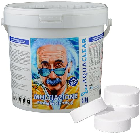 AQUACLEAR - Multiazione 200 GR - Formato da 5 Kg - Pastiglie ad azione Sanitizzante, Stabilizzante, Antialghe, Flocculante per il trattamento dell'acqua della tua piscina