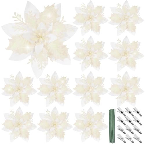 BOFUNX 12pcs Fleurs de Poinsettia 14.5cm Blanches Scintillantes Artificielles Fleurs de Noël à Paillettes avec Tige Pince pour Sapin Decoration Ornements Noël Sapin