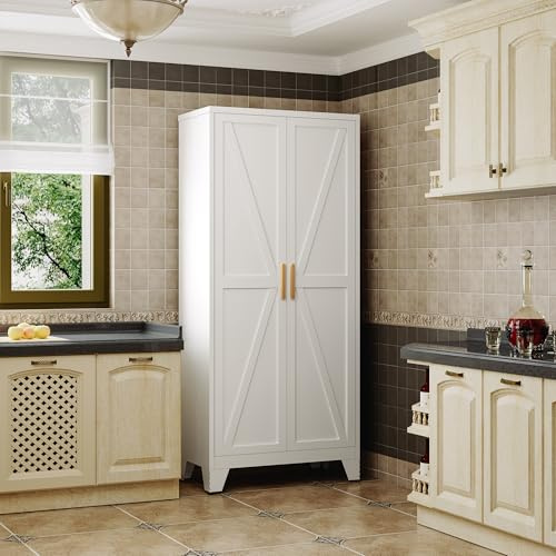 QINPTWUT 71 Storage Cabinet with Doors and Shelves, Tall Pantry Cabinet in White with 2 Doors & 5 Adjustable Shelves, All-Steel Farmhouse Cupboard for Kitchen, Living Room,Home Office,Garage