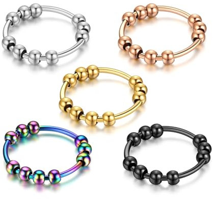 T TAKONE 5 Stück Anti Stress Ring – Stress Ring mit Bunte Perlen, Effizient Linderung von Ängsten und Antistress, Ideal als Angstring für Mädchen und Damen (s)