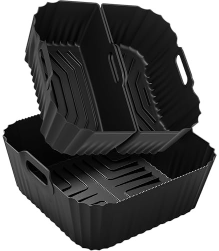 3 Pezzi Teglie Accessori per Friggitrice ad Aria, Teglia in Silicone per Air Fryer Contenitori Cestello Riutilizzabile Quadrato Per Airfryer da 4,5-8QT (Nero)