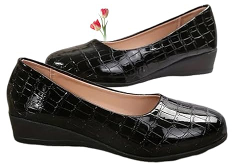 Scarpe da donna in pelle leggera, scarpe da lavoro con supporto per l'arco plantare e zeppa, scarpe da ballerina con tacco basso e punta arrotondata, Nero , 39 EU