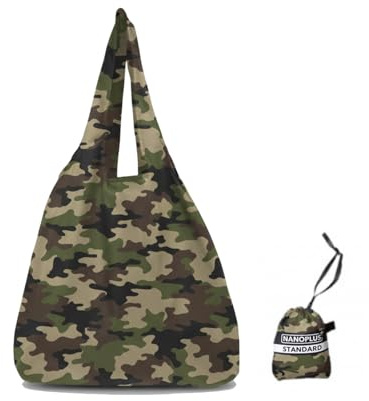 NANOPLUS Compact Reusable Grocery Tote Bag – Lightweight, Foldable & Packable Shopping Bag for Travel (Camouflage, 19L)