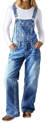 Flamingals Denim Overalls for Women Multi Pocket Wash Baggy Straight Leg Casual Denim Jumpsuits Light Blue M