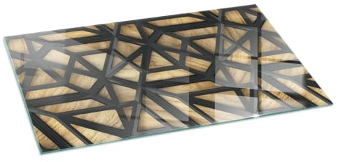 Funkenschutz Glasplatte 120x60 cm Kaminglas Kaminplatte für Kamin Funkenschutzplatte Rechteckig Bodenplatte Ofenglas Gehärtetem Glas Funken- und Kratzfest - Geometrie mit Holz