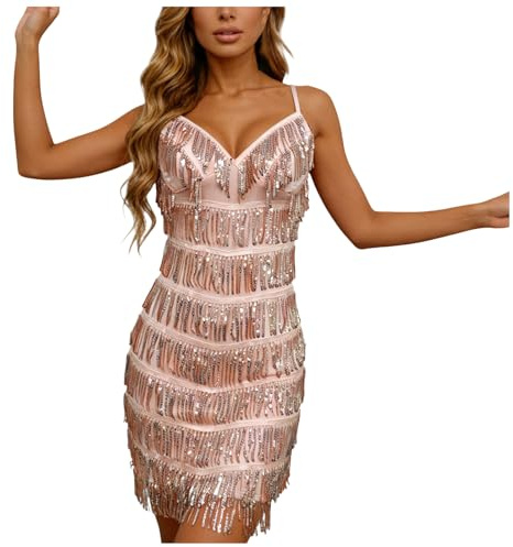 Cocktail Dresses Flapper Dresses 1920s with All Over Sequin Fringe Mini Prom Party Dress Women Gown Party (Rose Gold, M)