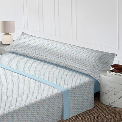 Rufino Díaz Juego Sábanas Algodón 144 Hilos 3 Piezas Carlota (Azul - 150 cm (con Dos almohadones)) - Taco Extra Suave para Adultos e Infantil - Sensación acogedora y de Confort