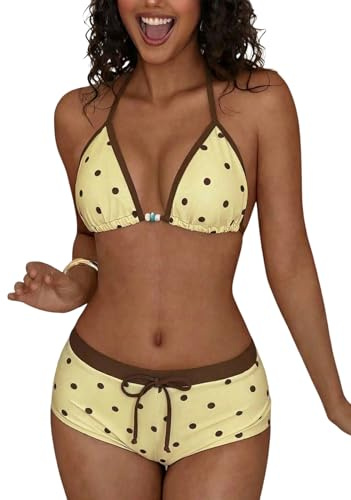 GORGLITTER Nackhållare bikini shorts set kvinnor mage väg badkläder med pokal prickar stranddräkt 2-delad baddräkt boho sommar strandkläder, GUL, L