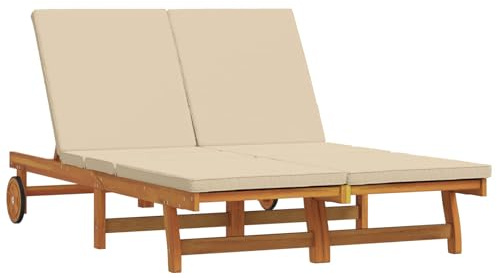 Makastle Transat Double Beige 125 x 200 x 84 cm 42,4 kg en Bois d'Acacia Massif pour 2 Personnes avec Coussin, Dossier Multipositions et Repose-Pieds Réglables, Assemblage Requis
