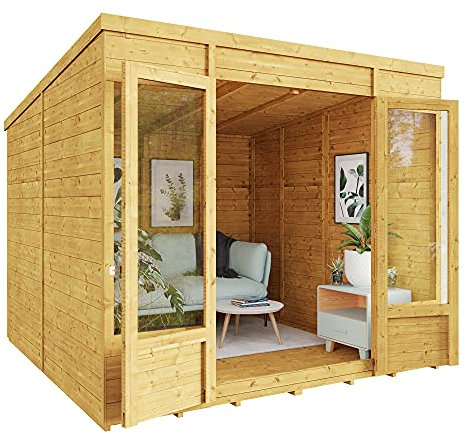 BillyOh Bella 8 x 8 Summer House Shed, Modern Pent Roof Log Cabin | Spray Treated - Garden Room with Wide Double Doors, Tongue and Groove Construction | Versatile Tiny Home or Garden Office