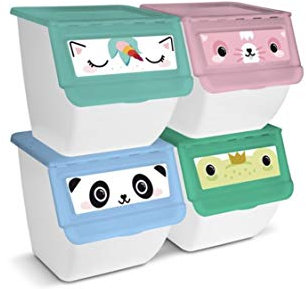 TIENDA EURASIA | Organizador de Juguetes Apilable para el hogar | Pack de 4 Contenedores de Plastico para Juguetes | Diseño Infantil 4 Colores | Medidas 39 x 39 x 36 cm | Tapa Abatible |
