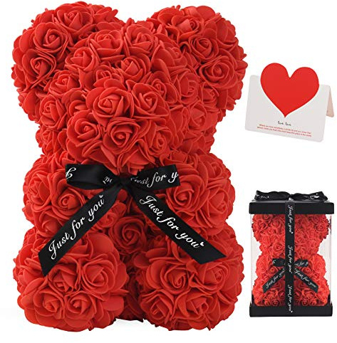 LINKLO Rose Bear Rose Teddy Bear -10 inch Artificial Rose Flower Bear, Gift for Wedding, Mothers Day and Anniversary, Including Transparent Gift Box(Red)