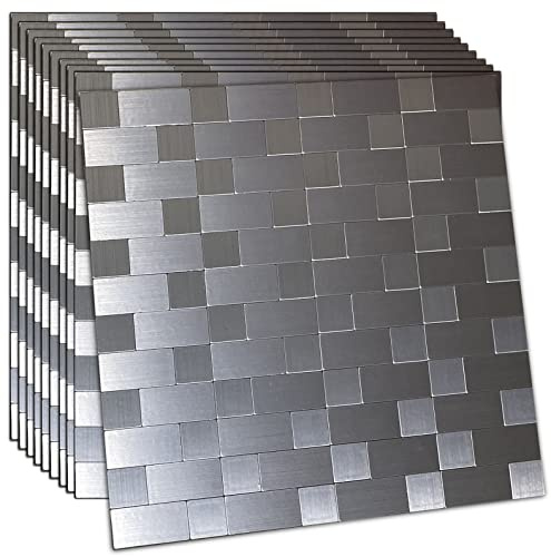 YMMXGE 10-Sheet Peel and Stick Backsplash Tile，Self-Adhesive Metal Sticker ， Brushed Aluminum Mosaic Tiles for Kitchen Bathroom, 12x12 (10, Brushed Silver)