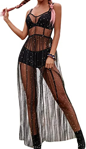 Loalirando Abito da donna, alla moda, trasparente, per feste, clubwear, bikini, Nero/paillettes, S