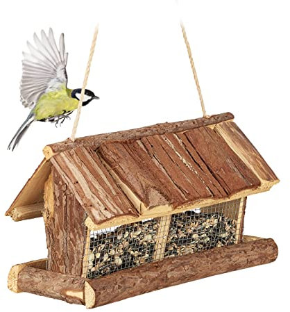 Relaxdays Vogelfutterhaus Holz, mit Futtersilo, zum Hängen, HBT 19 x 31,5 x 16 cm, Futterspender Kleinvögel, Natur