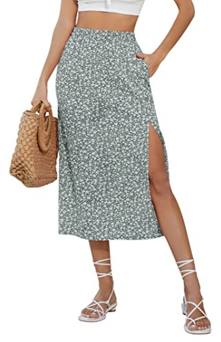KOJOOIN Damkjol med slits A-linje blommig midikjol boho delad blomkjol blommig strandkjol blommig fritidskjol hög midja tryck kjolar (förpackning återanvändbar), A-blommor-grön, M
