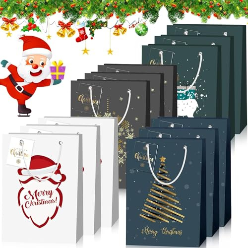 Frasheng 12 Piezas Bolsa de Papel Navideña con Asas - Bolsas de Regalo Reutilizables de Kraft con Estampados Navideños