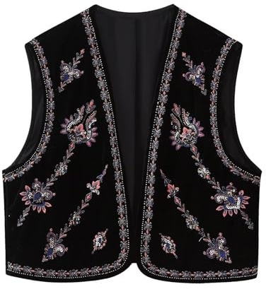 Owegvia Chaleco bordado para mujer, clásico, sin mangas, parte delantera abierta, chaleco de terciopelo, chaleco de otoño para mujer, chaqueta para exteriores, Negro, M