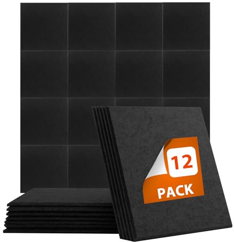 Toemics 12 Pack Sound Proofing Panels Self Adhesive 30x30x1cm Wall Soundproofing Panels Acoustic Absorption High Density Foam Tiles for Recording Studio, Podcast Studio, Living Room, Offices, Black