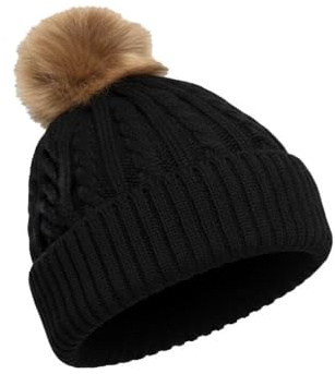 A2Z Ladies Cable Knit Bobble Beanie with - Hat LH838 Black One Size