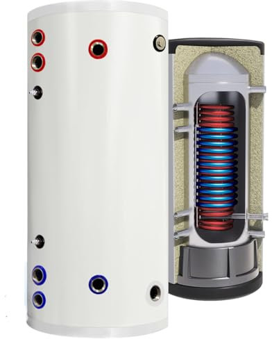 TECHGLOBE - Serbatoi acqua calda - 2 scambiatori di calore (1,8 + 2,4 m²) - acciaio inox - Efficienza energetica - con isolamento da 50 mm - Accumulatore di acqua calda (200 L)