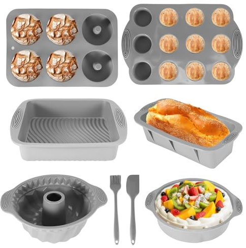 Miawtro Backformen Set,8 in 1 Silikon Backformen Grey Set,Antihaftbeschichtung Silikon Backformens Lebensmittelechtheit,Hohe Temperaturbeständigkeit Backform Silikons Für Donut Cupcakes Pizzamuffin
