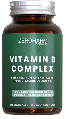 ZeroHarm Vitamin B Complex with D3 & K2 – Plant-Based B1–B12 from Guava & Spirulina – Energy, Nervous System & Heart Support – Powered by Real Food Ingredients – 180 Vegan Capsules