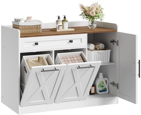 HOOBRO Double Tilt Out Laundry Hamper Cabinet, 2 × 12 Gal Hidden Laundry Cabinet with Drawer & 2 Baskets, Farmhouse Trash Can Cabinet with Storage for Bathroom, Kitchen, White and Walnut WH44XY01