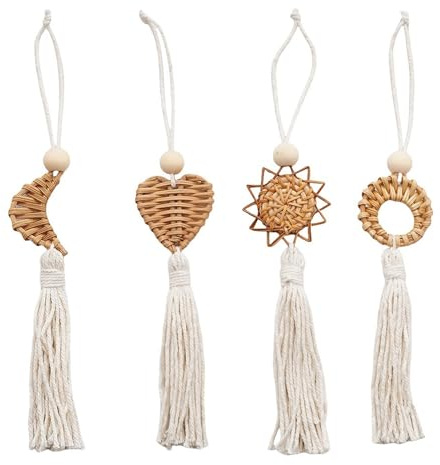 Set di 4 ornamenti da appendere in rattan intrecciato con frangia di cotone, decorazione moderna per interni da parete, pendenti con frange