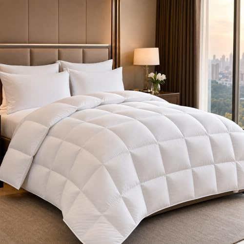 Yalamila Couette 200x200 4 Saisons | pour lit 2 Personnes | Couette Plumes & Duvet d'oie |100% Coton | Édredon Ultra Douce et Gonflant | Certifiée Oeko-Tex | Lavable en Machine，Blanc