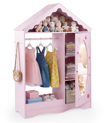 COSTWAY Kids Storage Closet, Children Wardrobe with Mirror, Open Hanging Rack, Shelves and Hooks, Open Dress Up Armoire Organizer for Boys Girls (Pink)