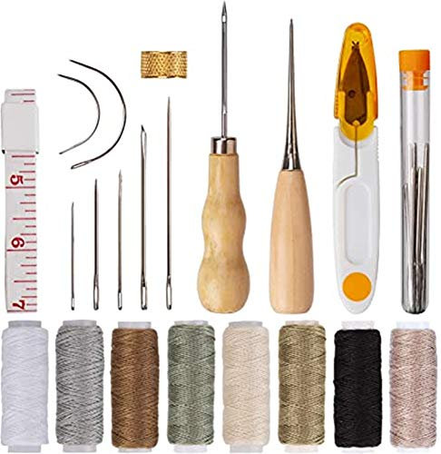 CHEEROYAL Kit de réparation de cuir 29 pièces avec aiguilles de rembourrage, fil, ruban à mesurer, alènements de perçage pour cuir et toile