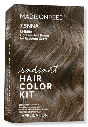 Madison Reed Radiant Hair Colour Kit, Permanent Hair Colour, 100% Grey Coverage, Ammonia Free, Umbria Light Brown 7.5NNA Light Neutral Brown for Resistant Grey, Pack of 1