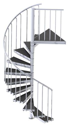 Spindeltreppe außen Scarvo M, Wendeltreppe verzinkt, Geschosshöhe: 414-431 cm, 22 Stufen, EIN Podest, Durchmesser: 130 cm, Stufenbelag: WPC-Belag, Premium Ausstattung, Stahltreppe
