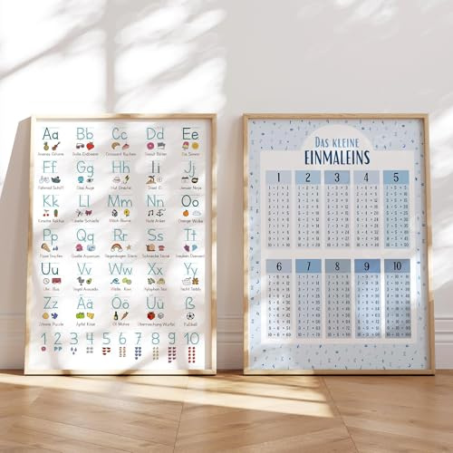 MeinBaby123® Set med 2 DIN A4 ABC läroposter, grundskrift och 1 x 1 affisch | engångstränare för barn | lämplig för dagis, förskola, grundskola | inkl. övningsblad (set om 2 – blå A4)